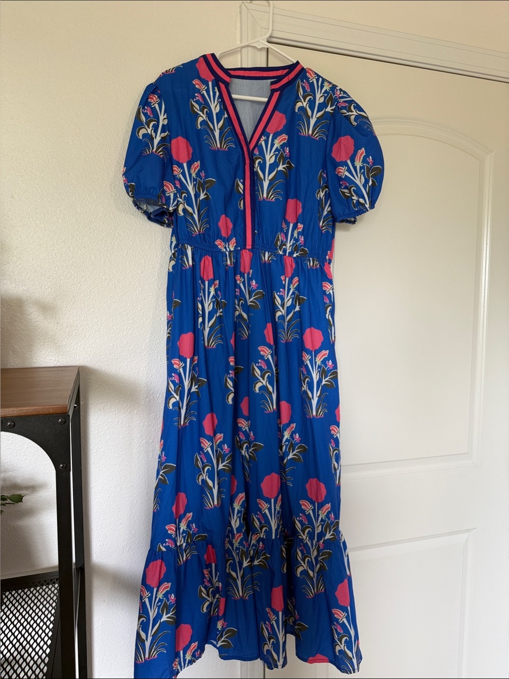 Royal Blue Floral Maxi Dress with Pink Accents